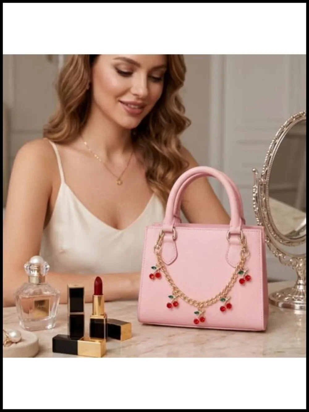 Gold Purse Charm Keychain with Red Cherry Accents for Handbags